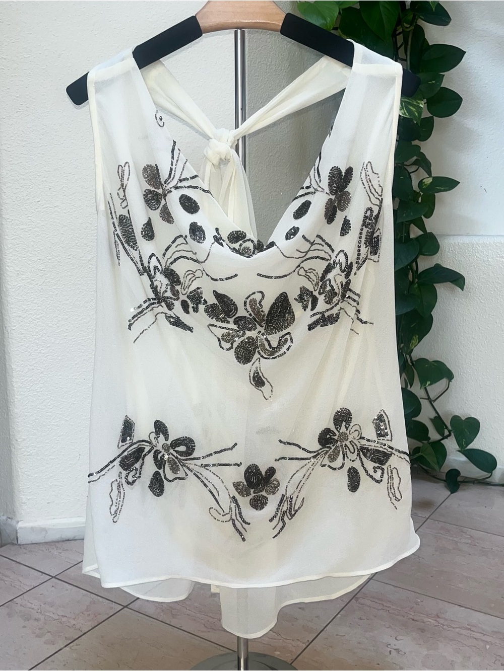 Ivory Sheer Floral Embellished Sleeveless Blouse